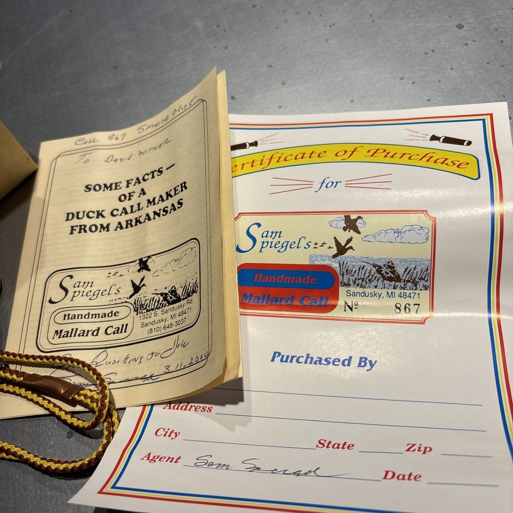 Sam Spiegel Handmade Duck Mallard Call Original Box Papers Numbered signed dated