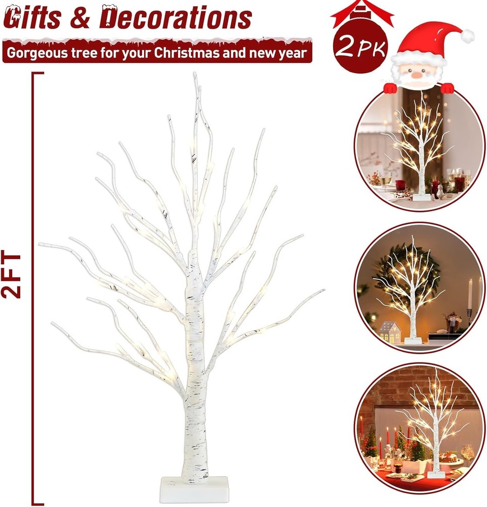 Easter Decorations, 2FT Birch Tree with LED Lights, Warm White Light up Tree ...