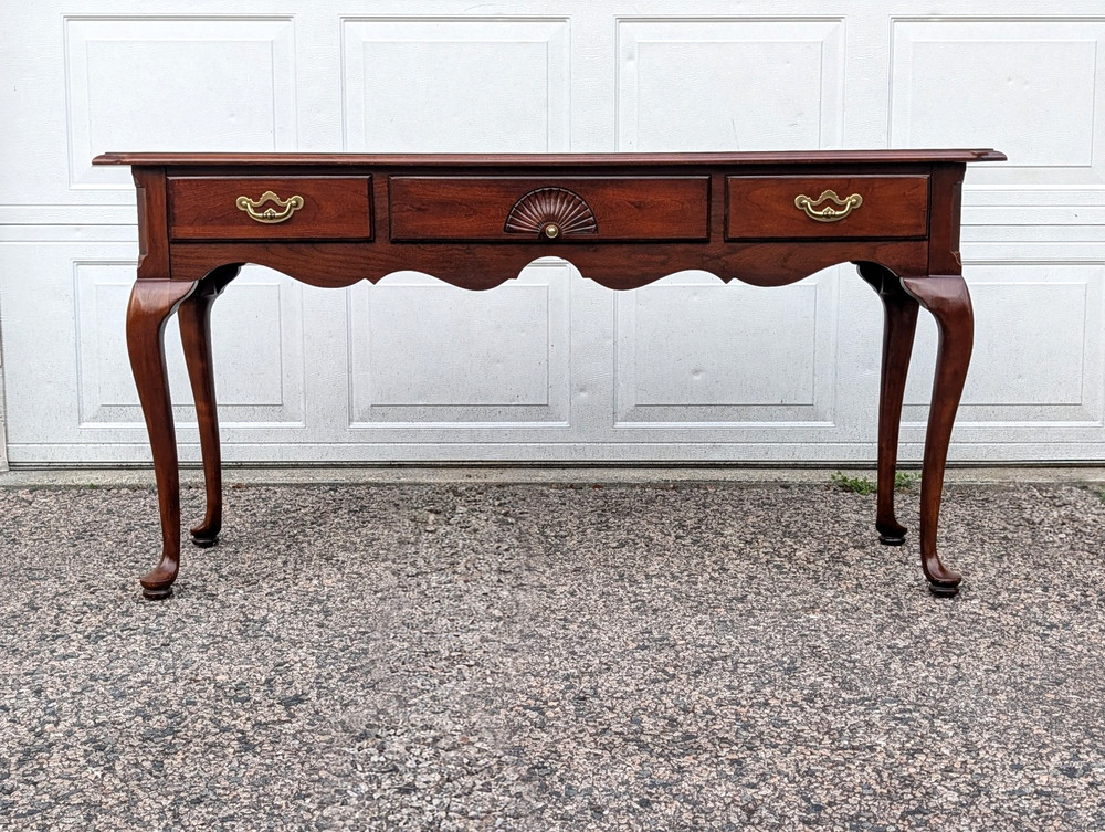 Vtg Thomasville Queen Anne Cherry Console Table, Brass Chippendale Pulls