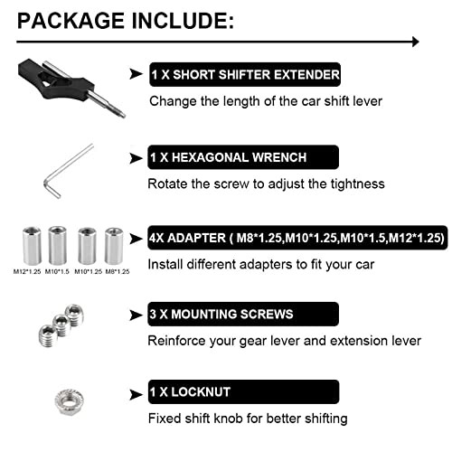 Adjustable Short Shift Extension Shifter Knob with Adapters Compatible Silver