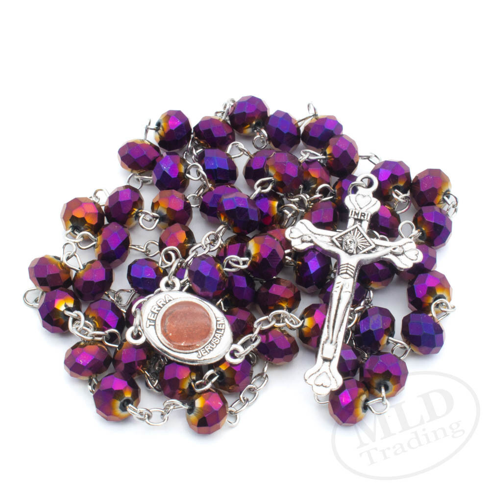 Deep Purple Crystal Beads Rosary Necklace Catholic Holy Center & Cross Crucifix
