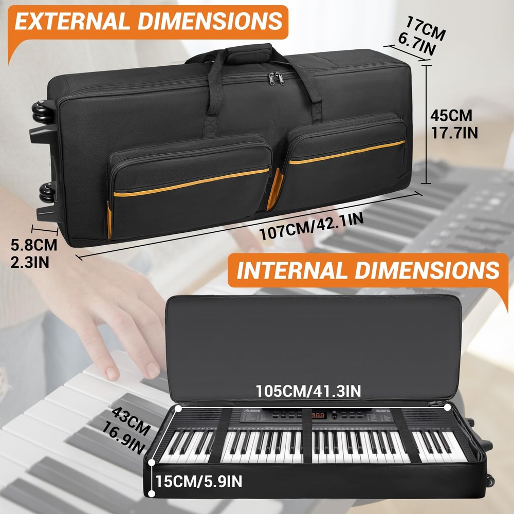 61-Key Keyboard Case with Wheels & Adjustable Shoulder Straps– Padded Rolling...