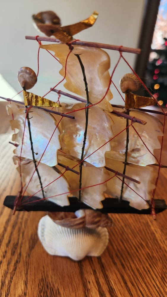 Vintage Handmade iridescent Seashell Sailboat - Mint