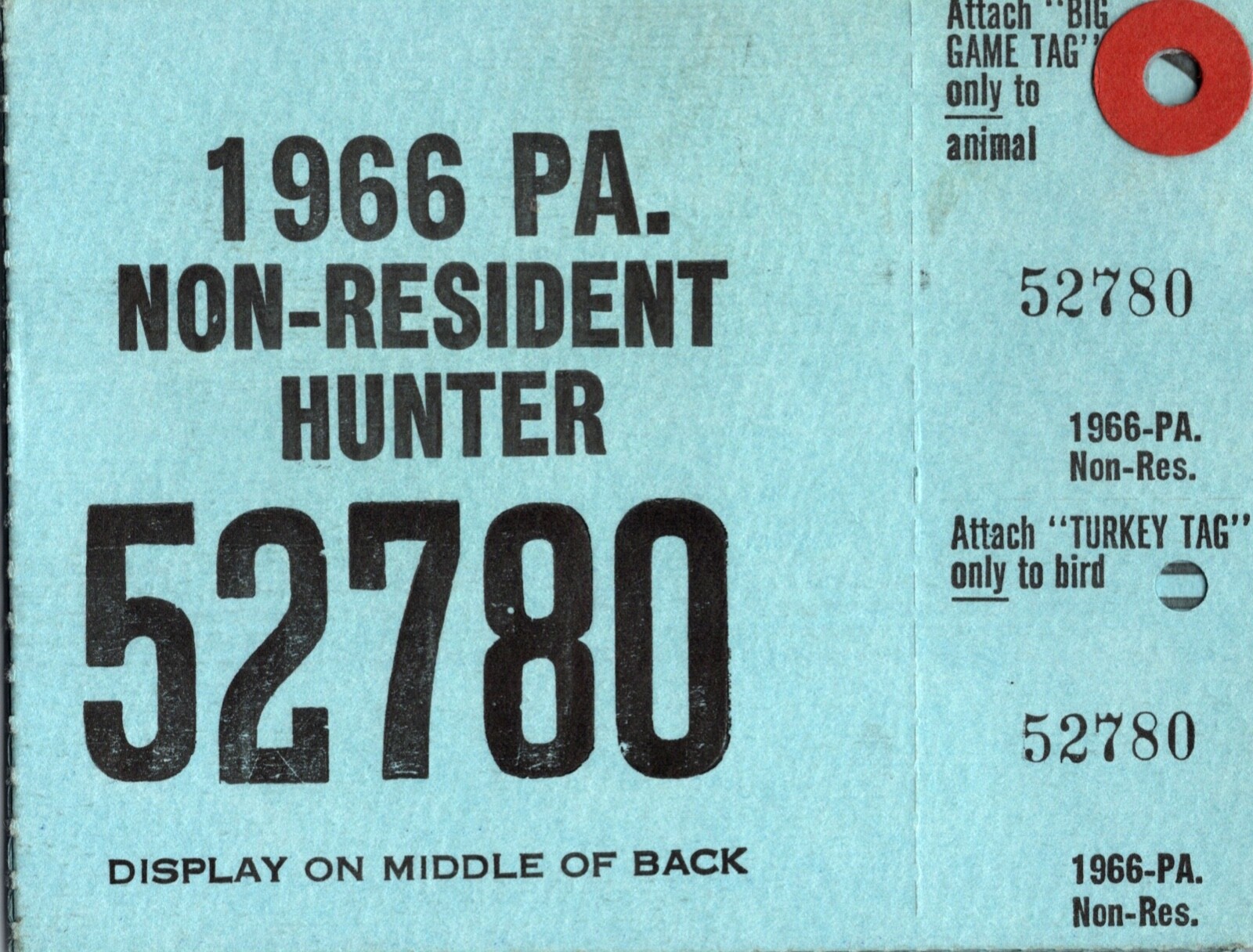 Hunting License Turkey Tag, Big Game tag  1965 Pennsylvania