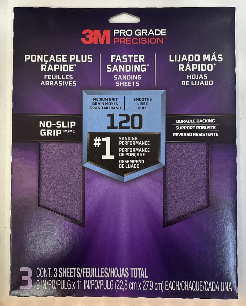 3M PRO GRADE Advanced Sandpaper - 3 Pack - 120 Grit (Medium)