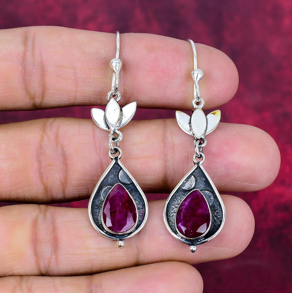 Ruby Balancing Gemstones Handmade 925 Solid Silver Lab-Created Earrings Jewelry