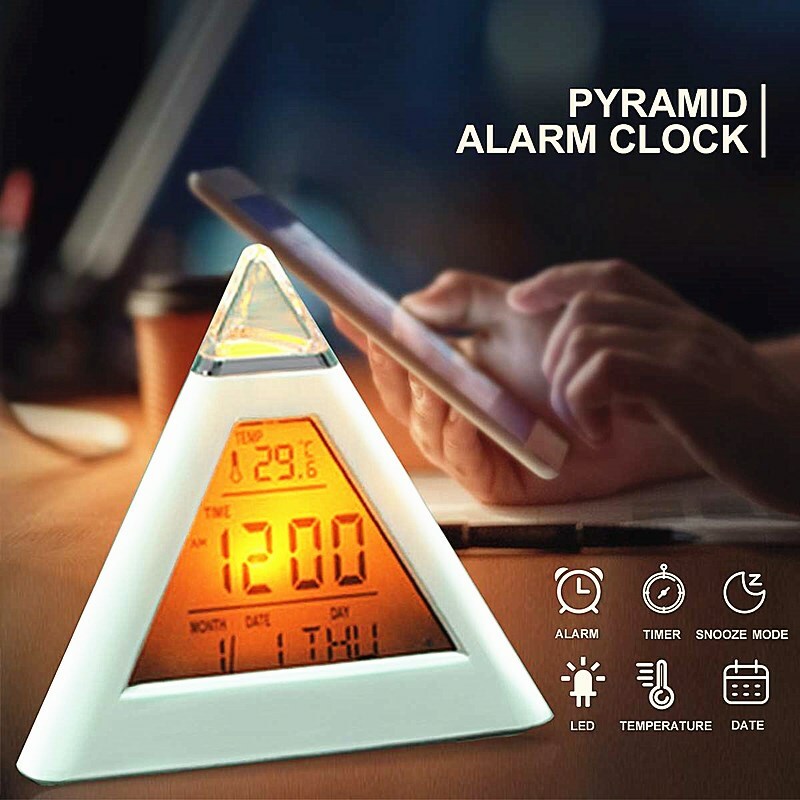 Alarm Clock Pyramid 7 LED Color Changing Timer Night Light Temperature Date