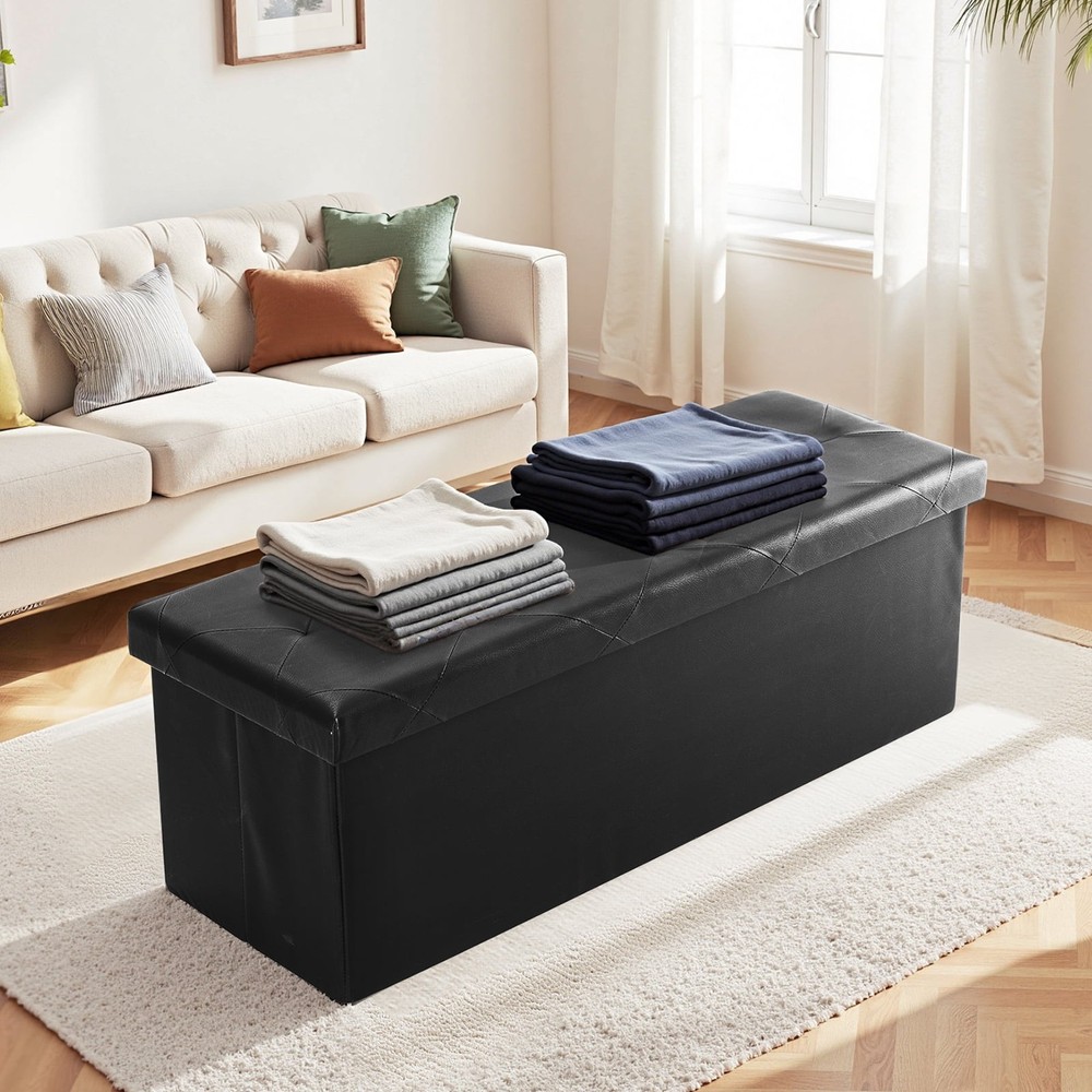Foldable Storage Ottoman Bench, 30/43in, Black/Brown