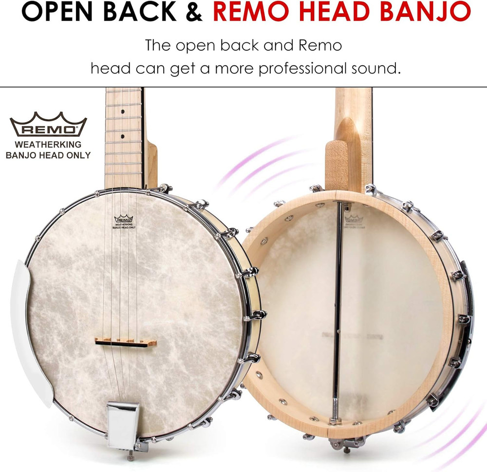 5 String Open Back Banjo Full Size Maple Body Remo Head with Accessories Beginne