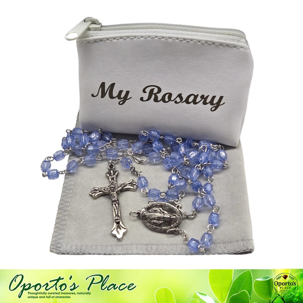 My Rosary White Pouch With A Five Decade Rosary Blue Beads Silvertone Metal