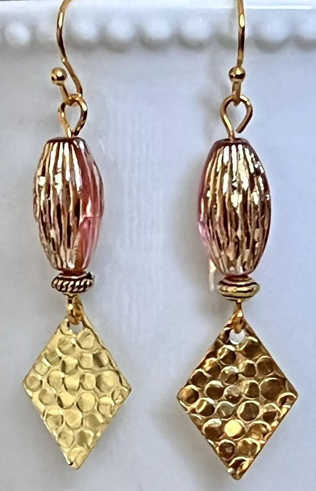 Gold Dangle Earrings with Pink Vintage Beads. Light Weight.
