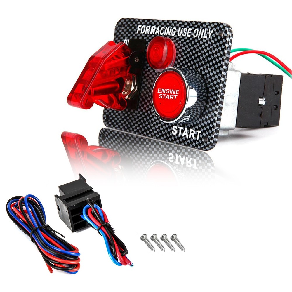 12V Carbon Ignition Switch Panel Engine Start Push Button LED Toggle Racing Car