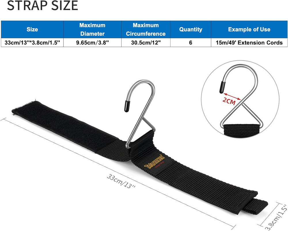 Extension Cord Organizer and Hanger (6-Pack), Hook-And-Loop Storage Straps with