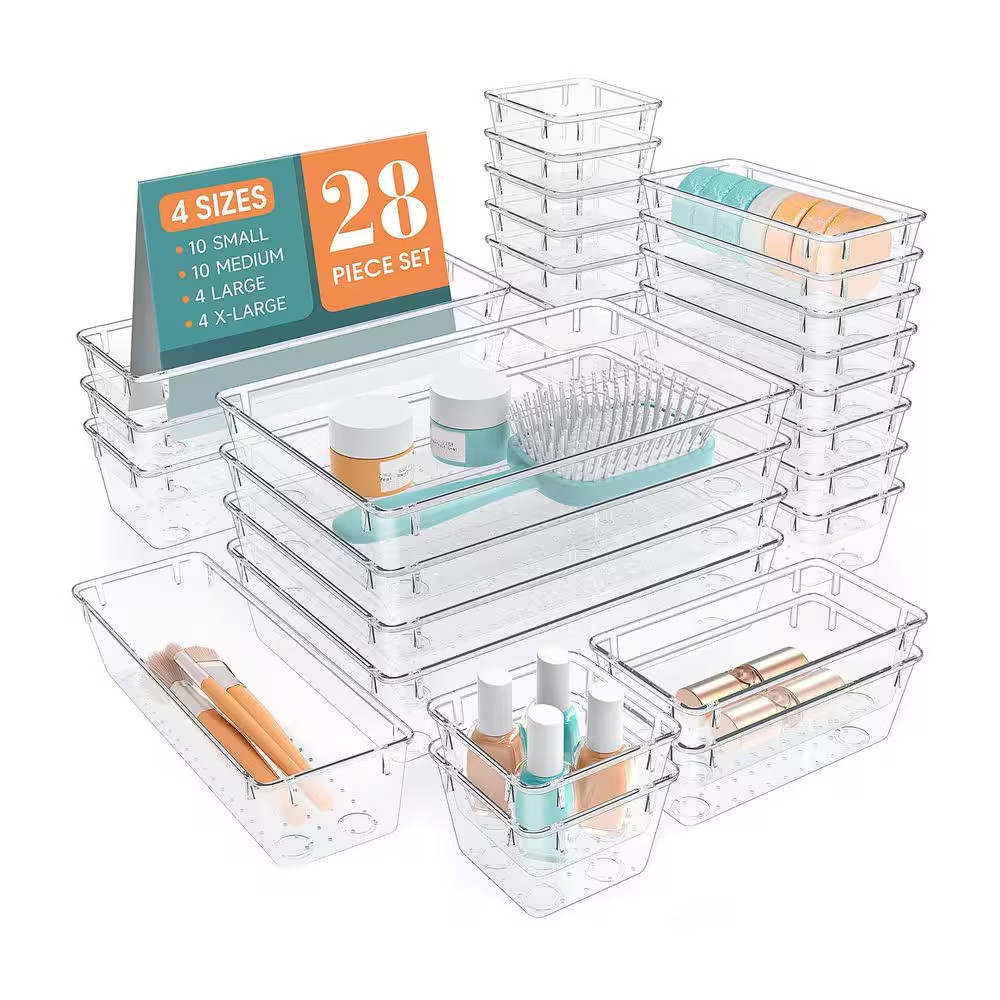 28 Pcs Clear Plastic Drawer Organizer Set Versatile Stackable Non-Slip Storage T