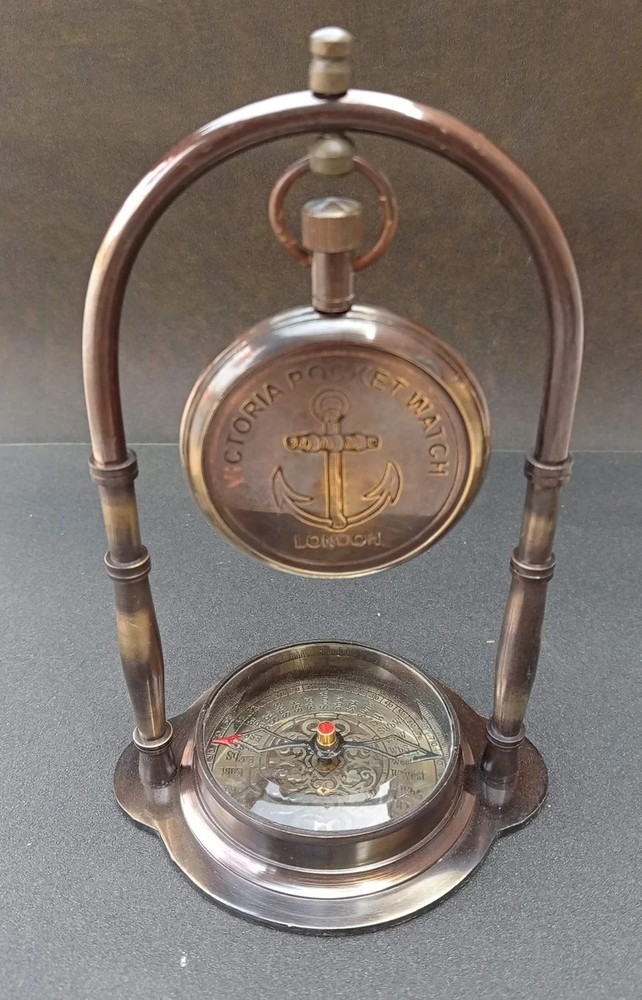 Nautical Brass Desk Clock with Compass: Vintage Maritime Decor