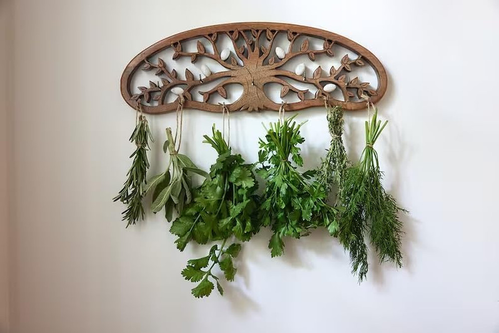 Rustic Herb Drying Rack Hanging - Artistic Life Tree Design for Kitchen Witches