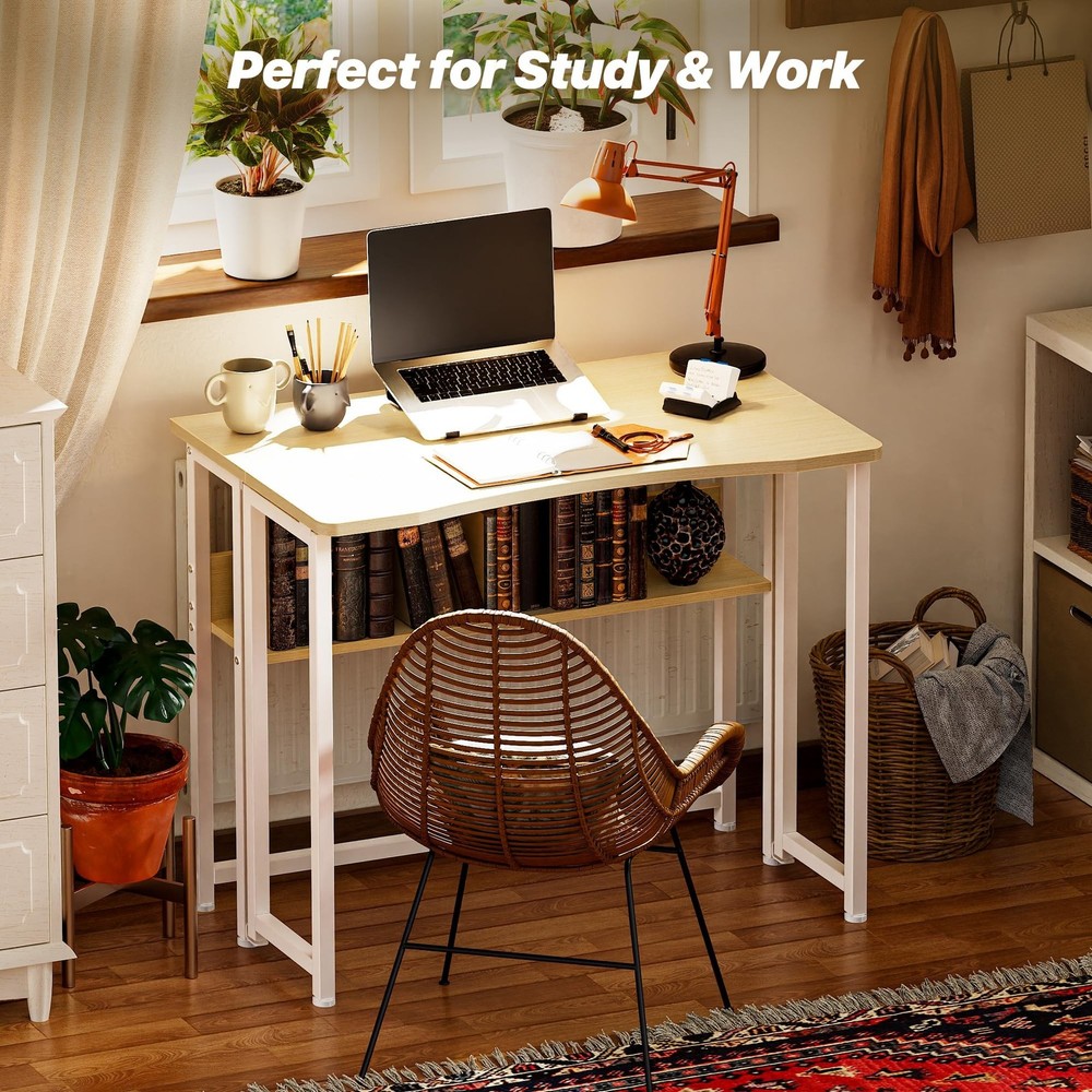 Huuger Folding Desk with Storage Shelf, 31.5 Inch Foldable Computer Table for...