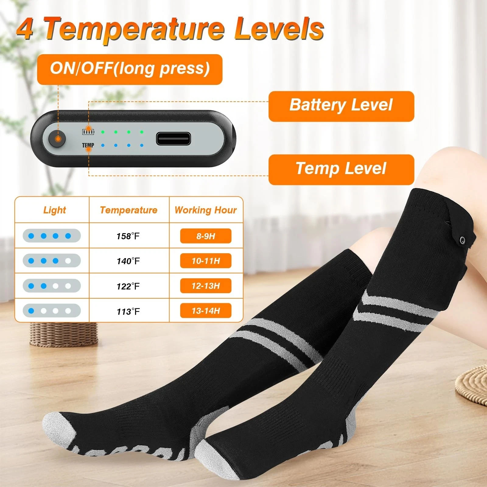 HEATED SOCKS 6000mAh RECHARGEABLE - 4 MODES INDOOR OUTDOOR SPORTS WARMERS