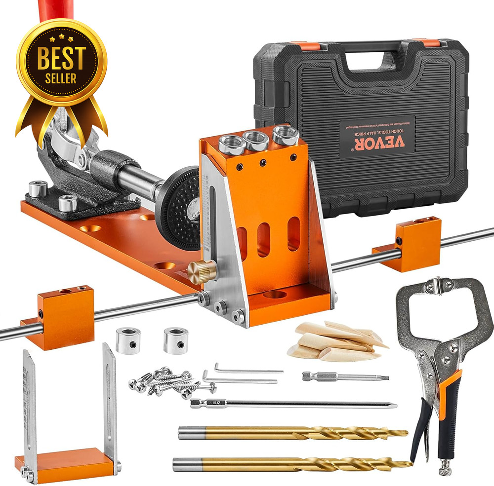 34-Piece Pocket Hole Jig Kit with C-Clamp, Drill Bits, Wrenches & Toolbox
