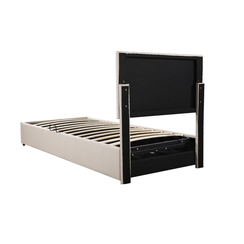 Twin Size Upholstered Platform Bed with a Hydraulic Storage System, Beige