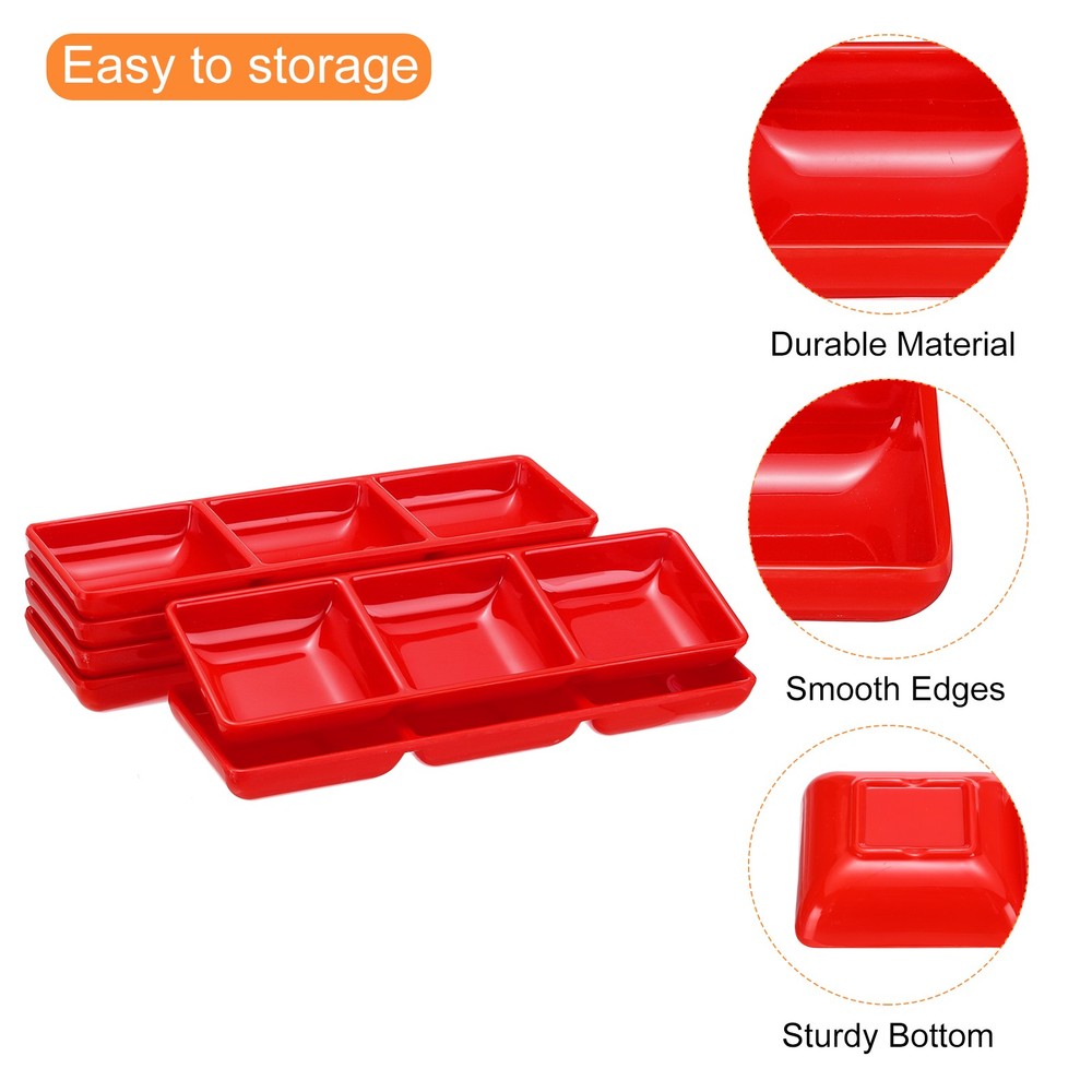 6Pcs Square Dipping Bowls Red with 3 Compartment Divided