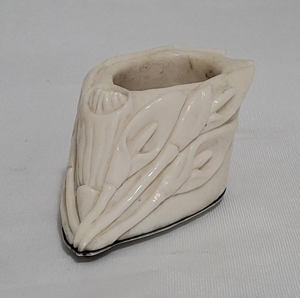 Antique Carved Bone & Solid Silver Base Cala Lilies Toothpick Holder