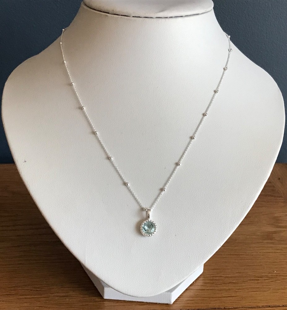 Blue topaz round pendant stud earrings set solid Sterling silver satellite chain