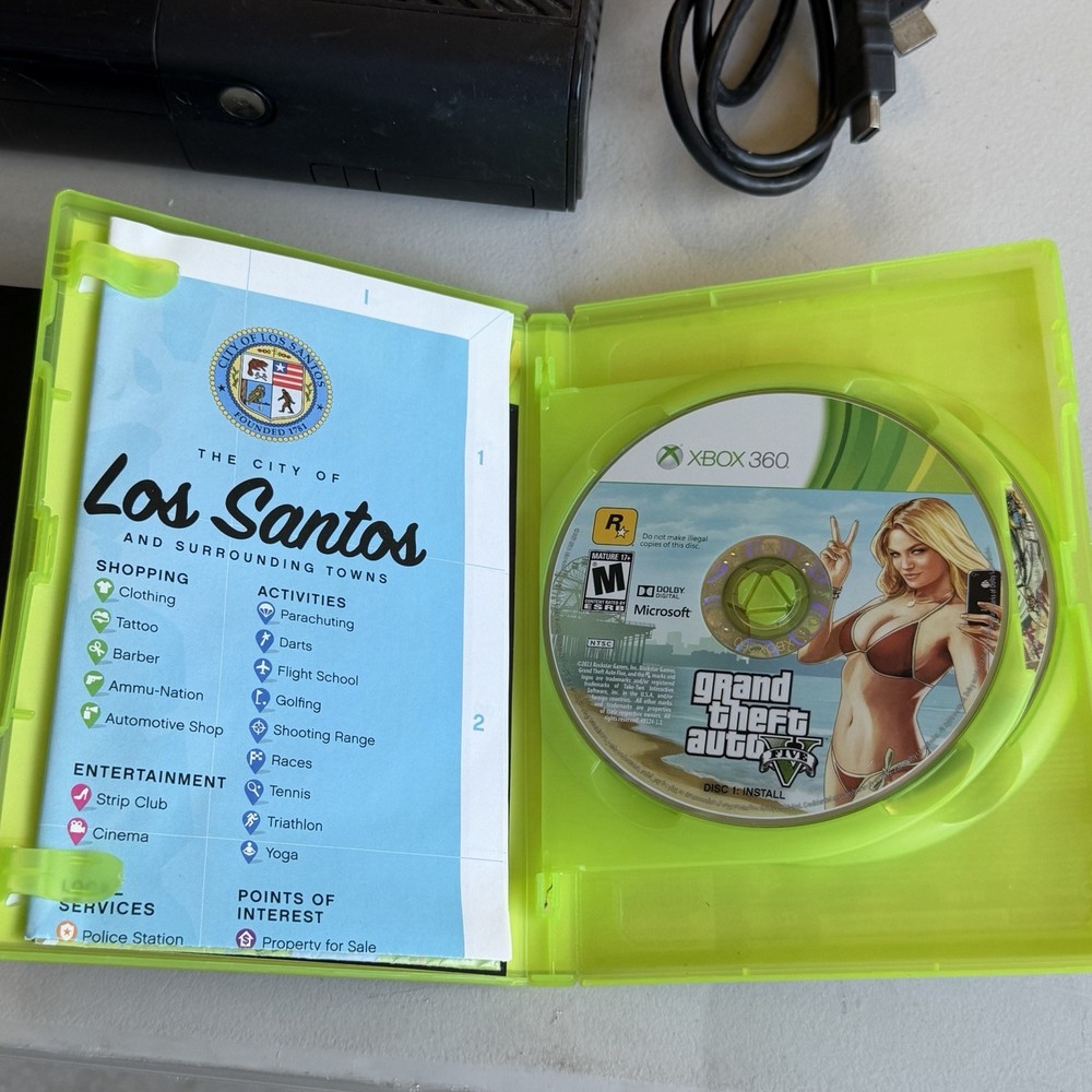 Microsoft Xbox 360 E Console 320GB W/ Controller, Cords + Grand Theft Auto V