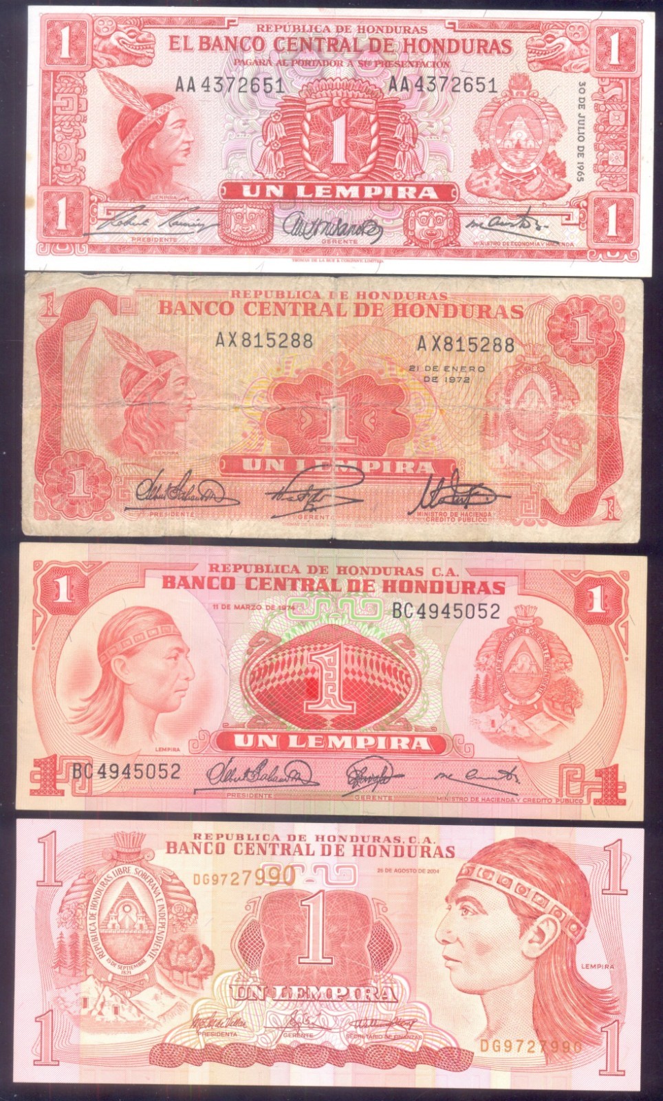 Honduras Set 1 - 100 Lempiras 1965-2008  VG - UNC