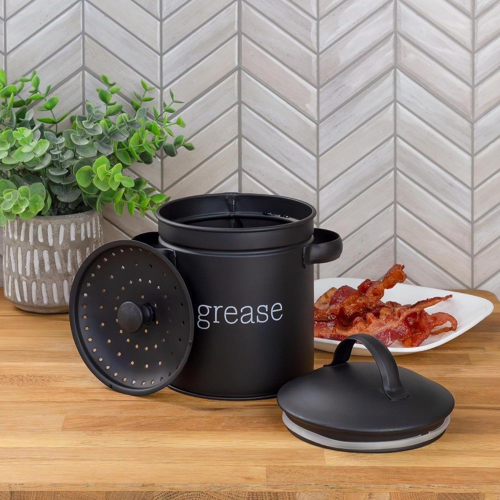 Practical Black Enamel Grease Container w/Strainer - Essential Kitchen Accessory