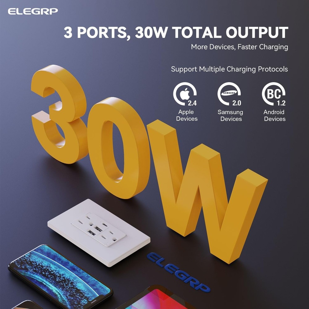 USB Electrical Outlet, 15A, 3-Port USB C, 2 Pack