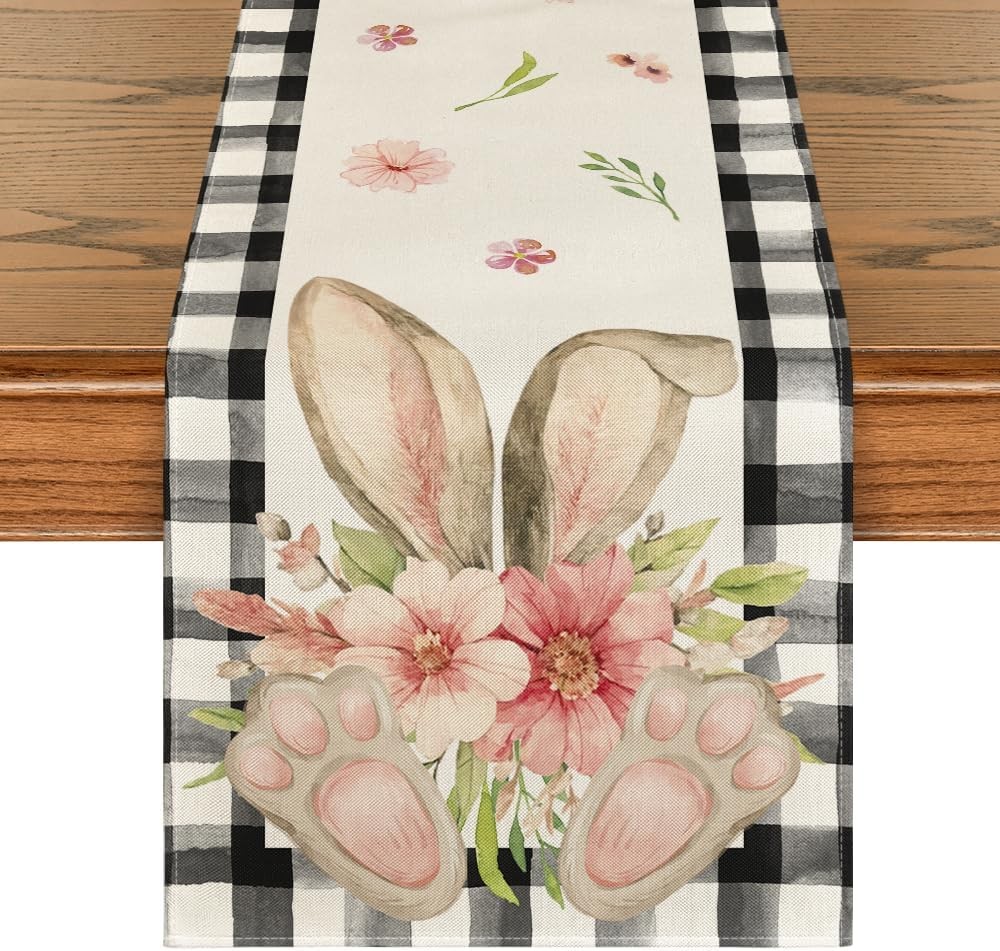 Buff Plaid Bunny Ear Foot Flower Easter Table Runner,