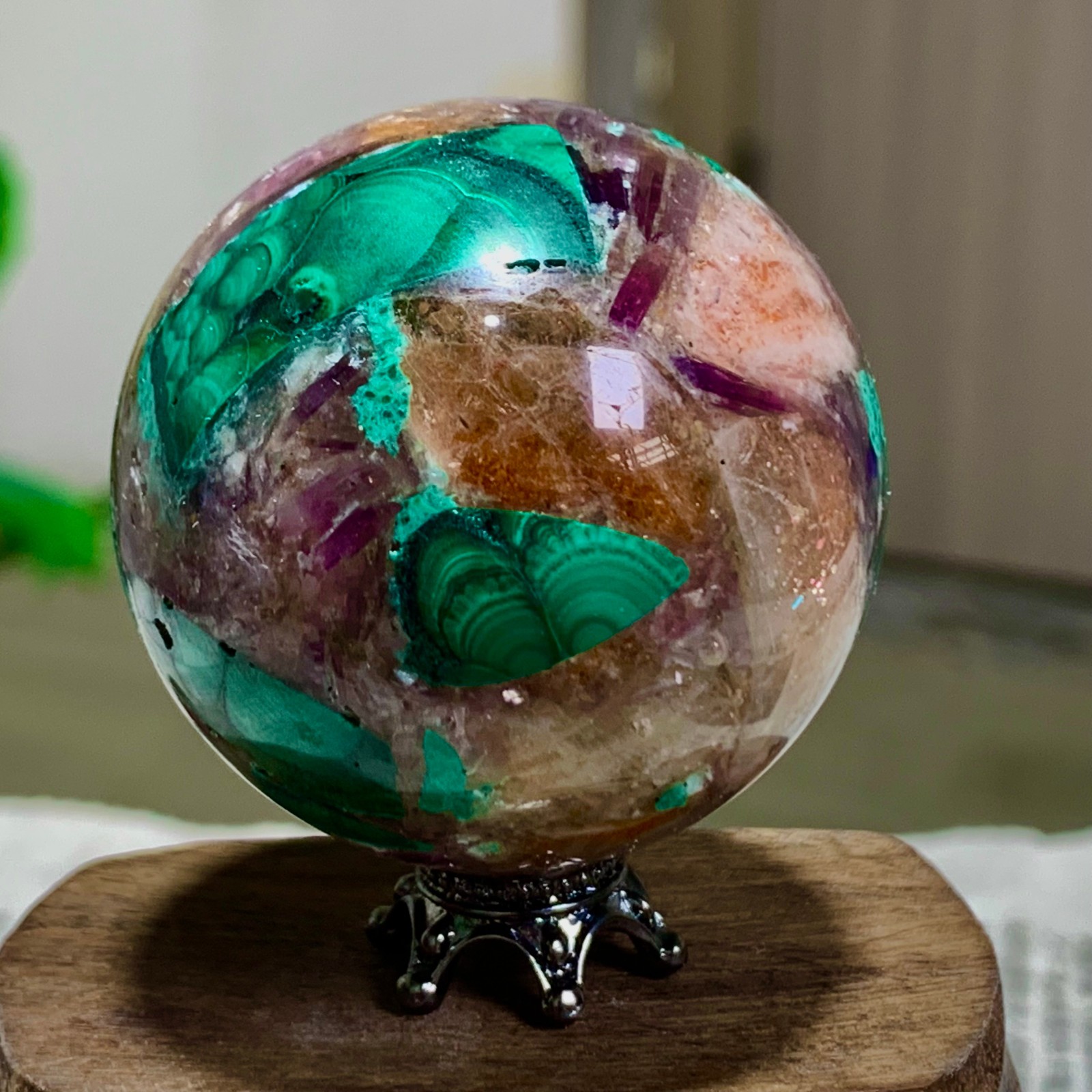 102G Newly discovered rare malachite purple mica symbiotic sphere restoration