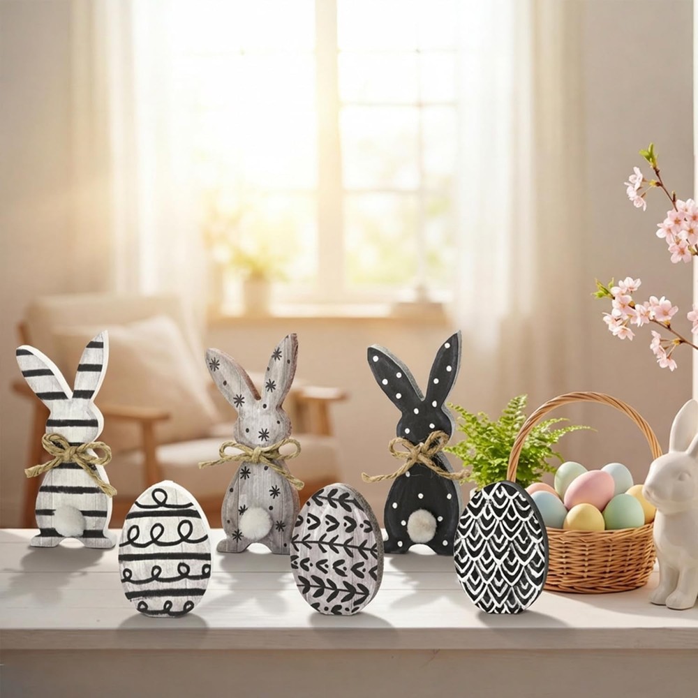 Smile Wooden Easter Block Decor Set 6-Piece Rustic Bunny & Egg Design Tabletop