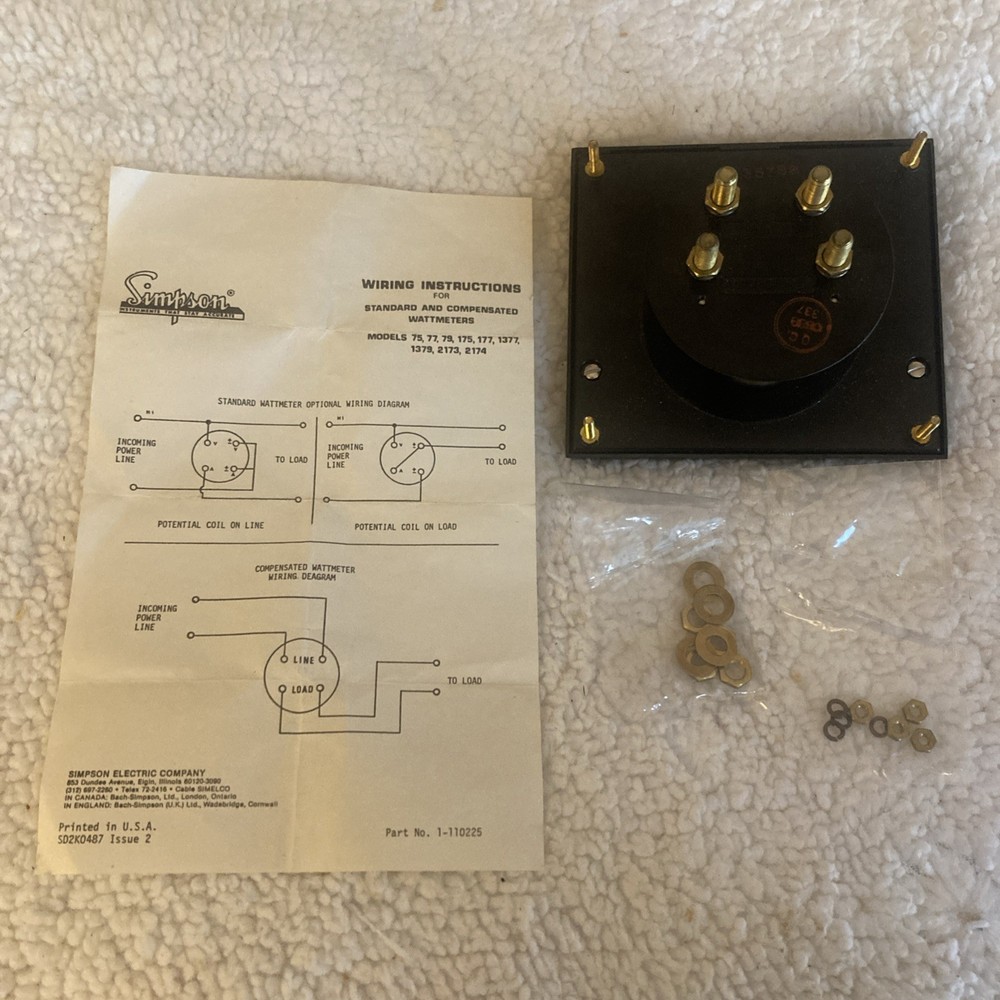 Simpson Panel Mount Wattmeter 0 - 300. Model 2174 - Catalog # 17898
