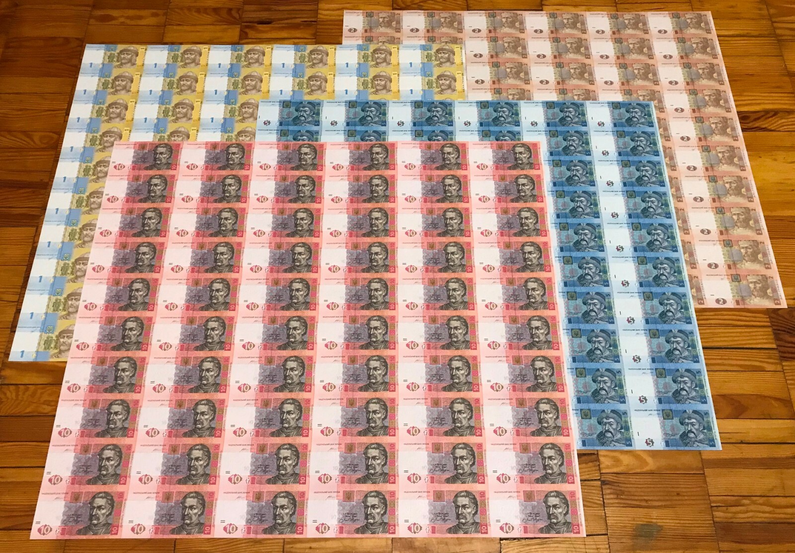 Ukraine, Complete SET of Full (Whole) UNCUT SHEETS x 60 PCS, 1 - 10 Hryven - UNC