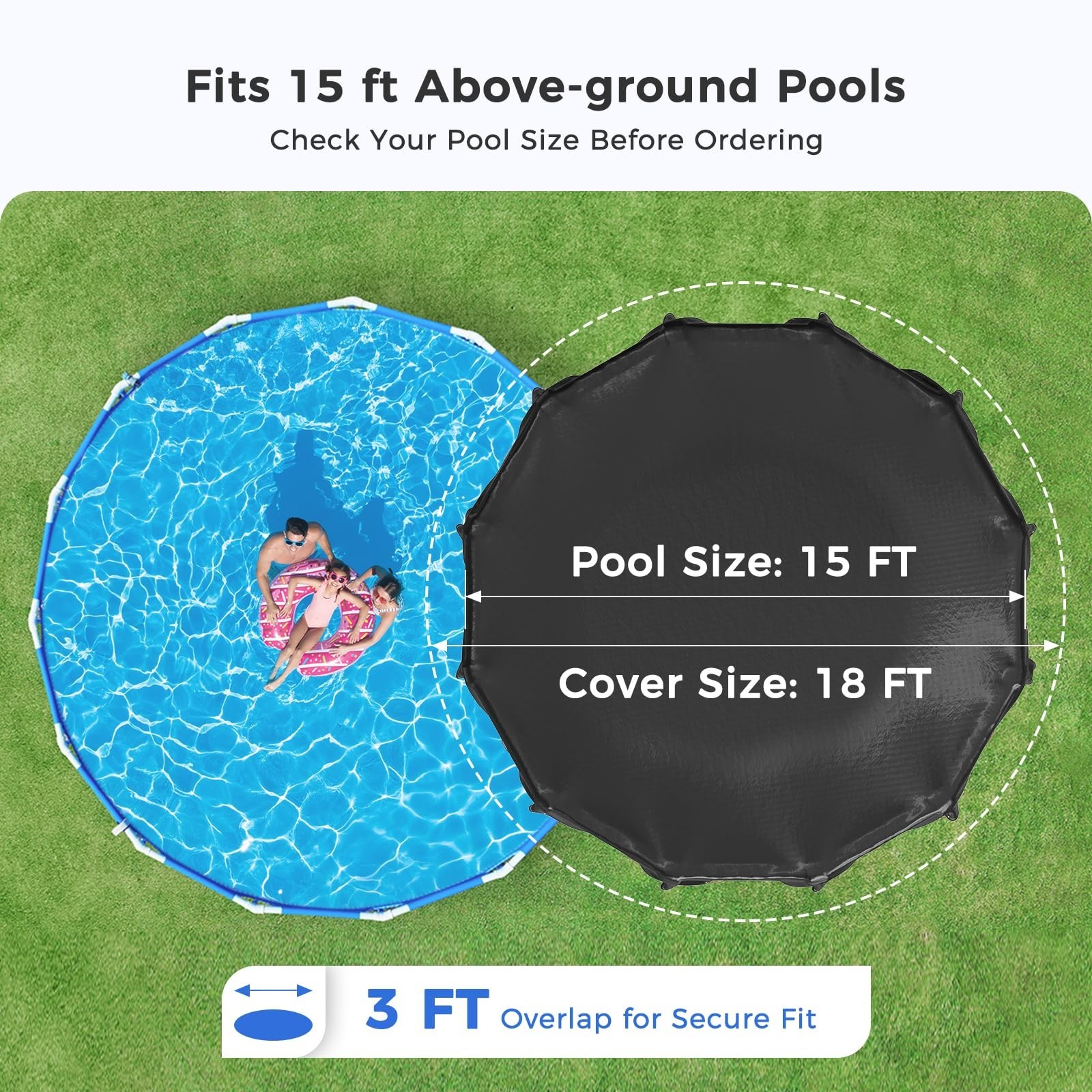 Round Pool Cover Heavy Duty Winter Pool Cover for 15 FT Above Ground Pool #Black