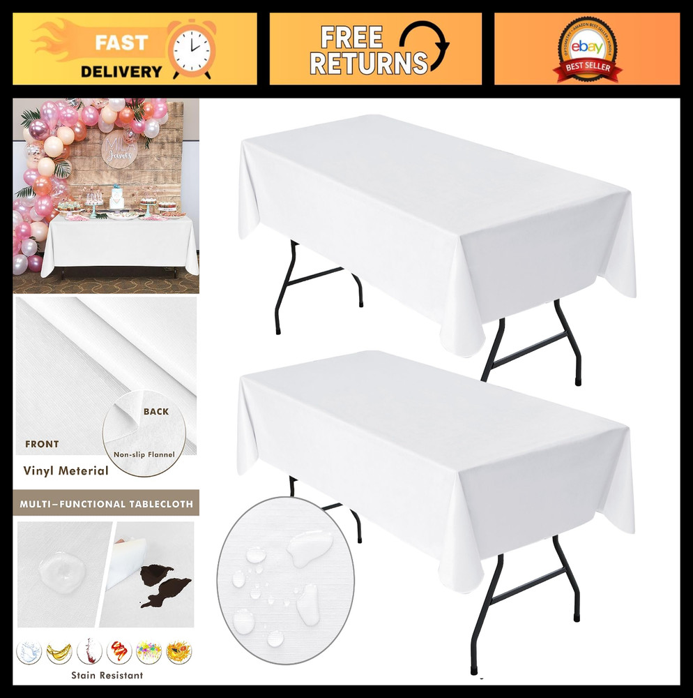 2 Pack White Rectangle Tablecloth 60x84" Waterproof Plastic Wipeable Cover