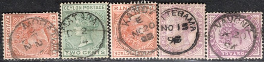 CEYLON 1872/80 FIVE STAMPS USED FULL CANCEL