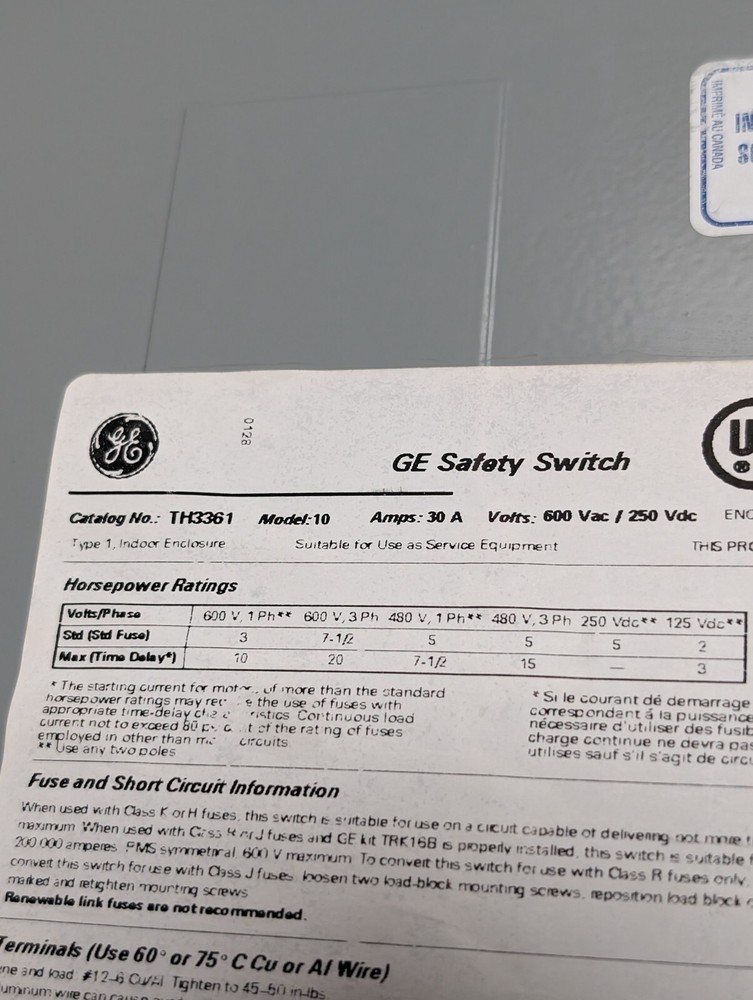 GENERAL ELECTRIC TH3361 Model 10 Safety Switch (USED).