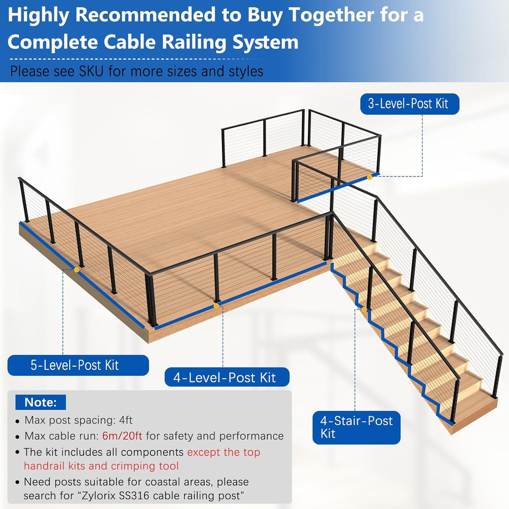 36" Modular Cable Railing Post Kit - 12-16FT Adjustable DIY Deck System
