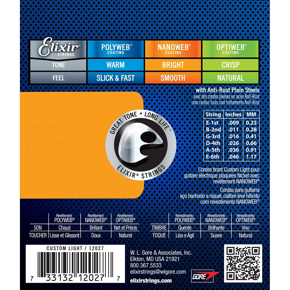 Elixir Custom Light Nanoweb Electric Guitar Strings 12027 1 Set Pack 9-46