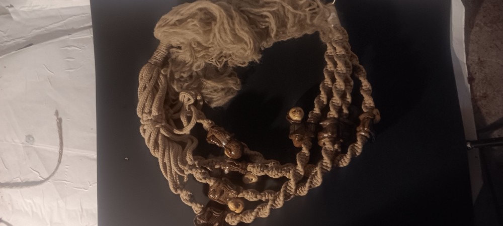 Vintage Boho Brown Macrame Ceramic Monkey Bead Hanging Plant Holder