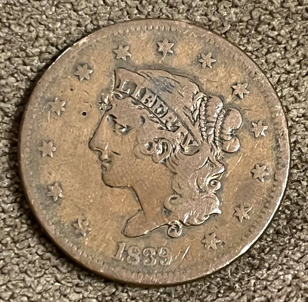 1839 Booby head large cent , Fine, Scarce !