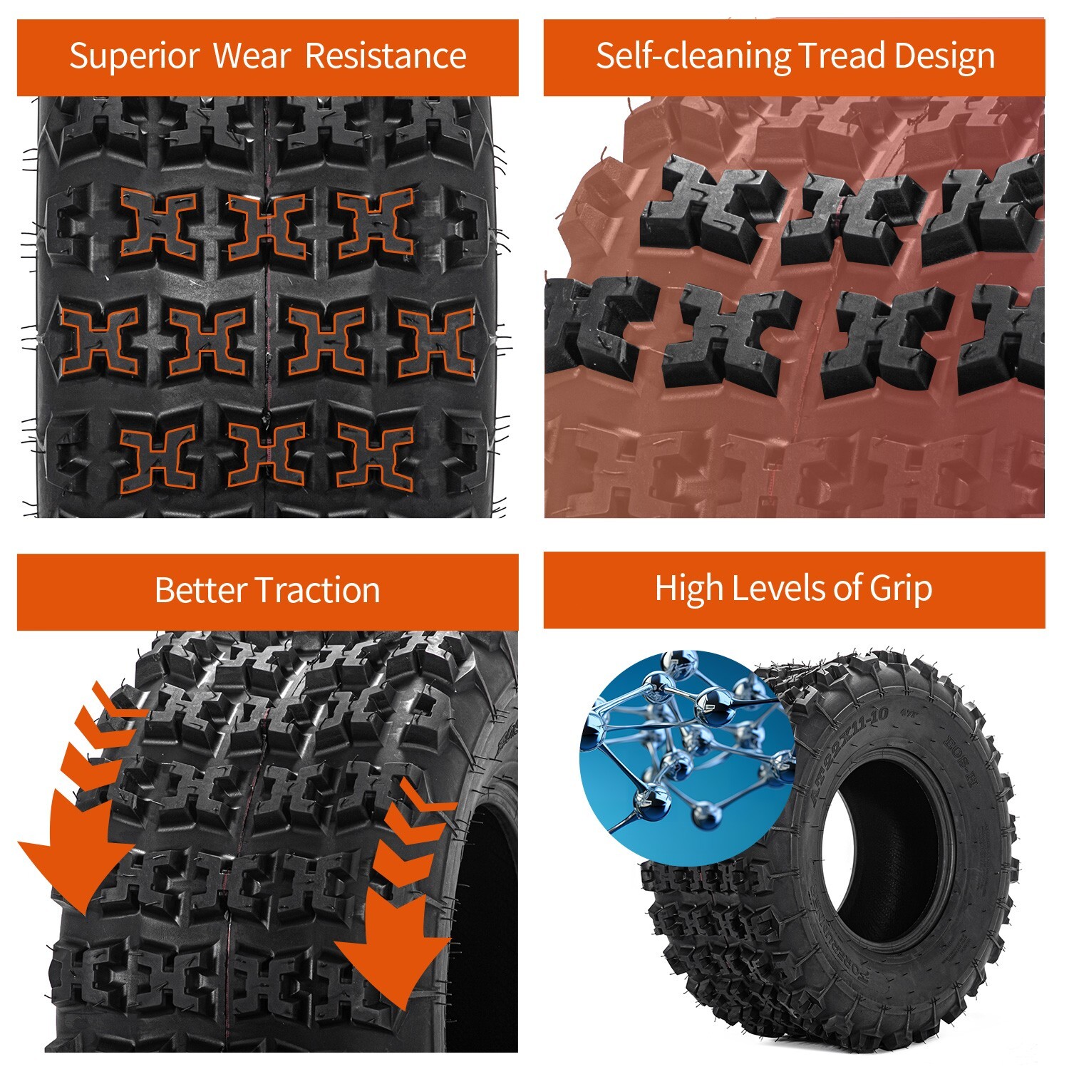 Set 2 Rear 22x11-10 ATV Tires 6PR 22x11x10 UTV All Terrain 22 11 10 Tubeless 22"