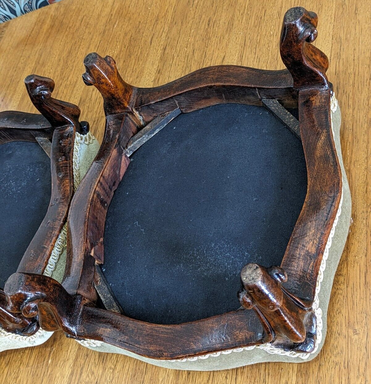 Pair of 19th Century Walnut Wood Cabriole Leg Green Footstools Victorian Antique