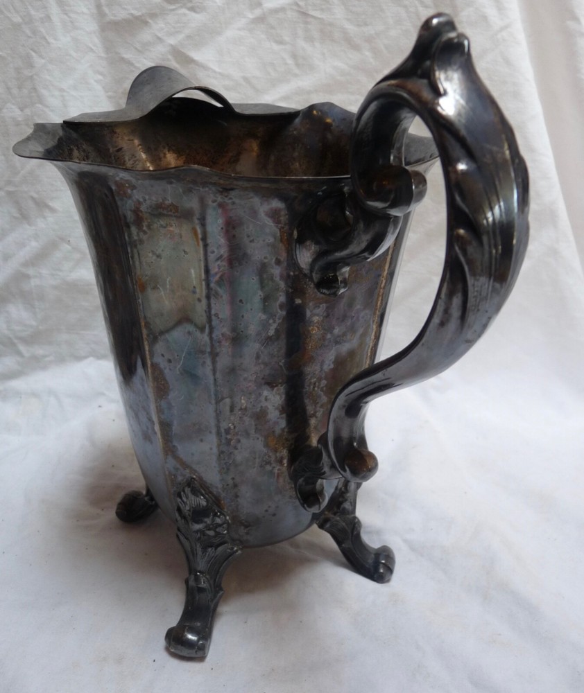 Silver On Copper Water Pitcher with Ice Lip & Claw Feet 8"