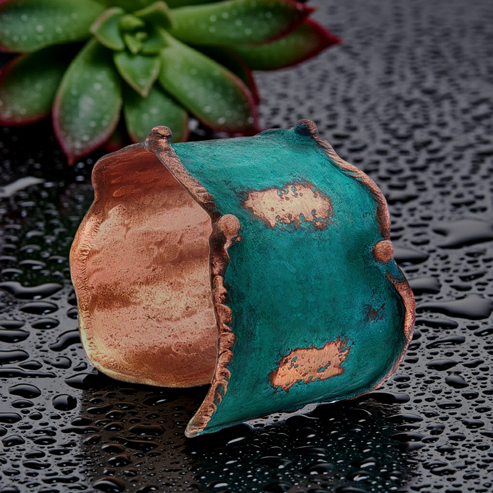 Solid Copper Rustic Patina Cuff Bracelet With Molten Edging & Verdigris Patina