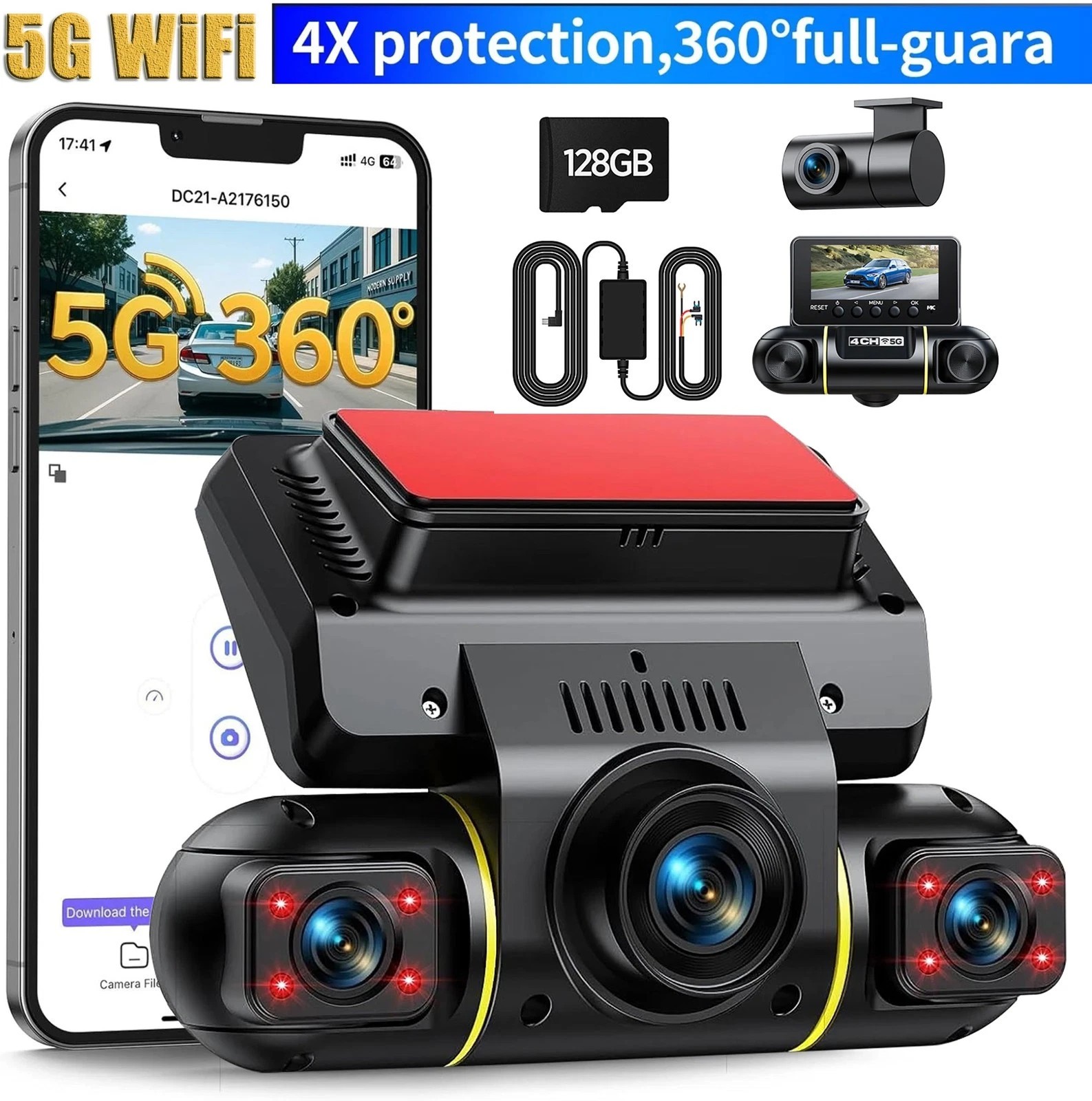 LAMTTO 4 Channel DashCam 360°Front Rear Inside 1080P Camera 128G Parking Monitor