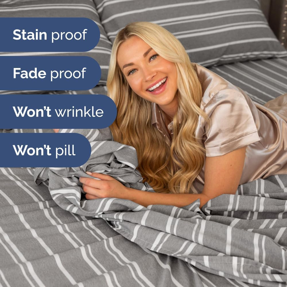 Twin 3-Piece Grey Stripes Sheet Set & 2" Memory Foam Topper